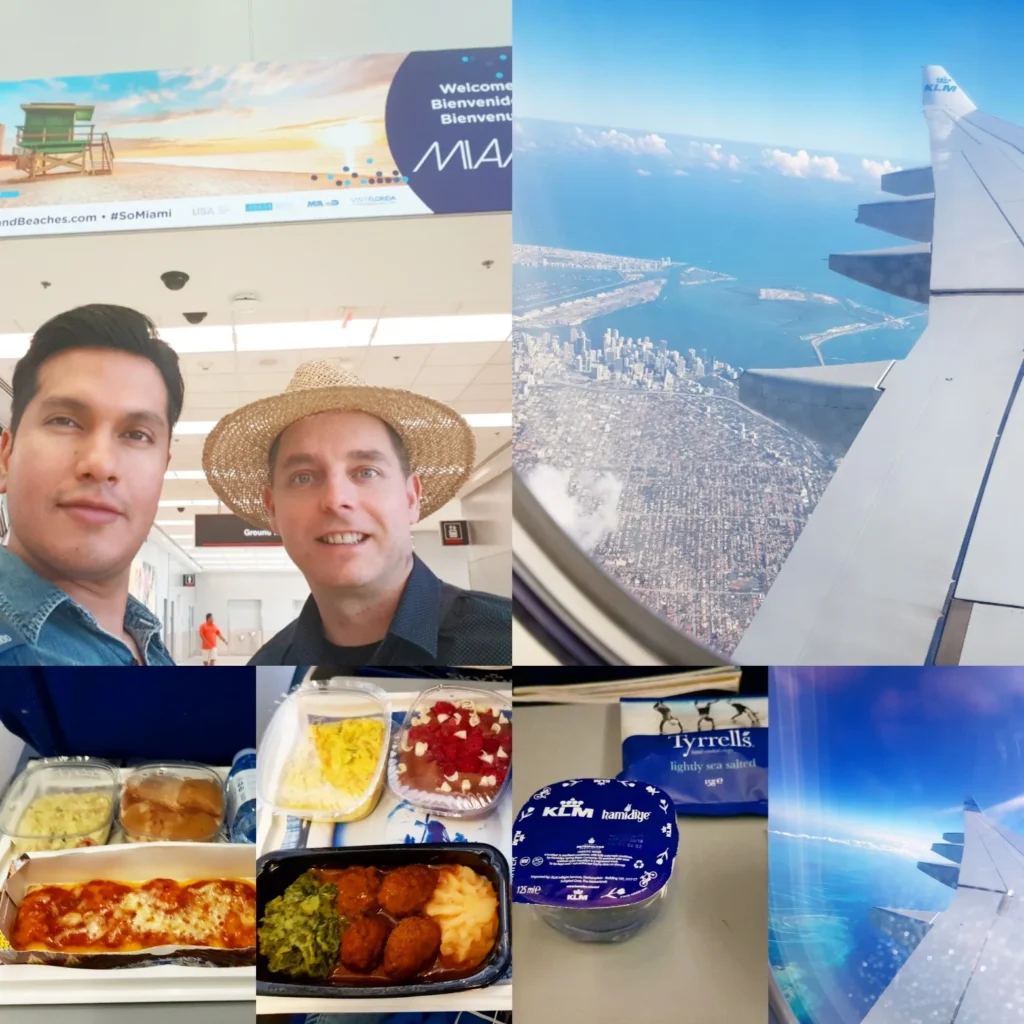 Cruising with Danny and Peter, Holland America Line, Nieuw Amsterdam, Miami, Florida, United States | Passengers enjoy a gourmet KLM in-flight meal featuring Dutch cheeses and elegant presentation, served by friendly cabin crew on the flight from Amsterdam to Miami. The well-presented dining setup and varied food menu highlight the airline's culinary excellence and exceptional service.