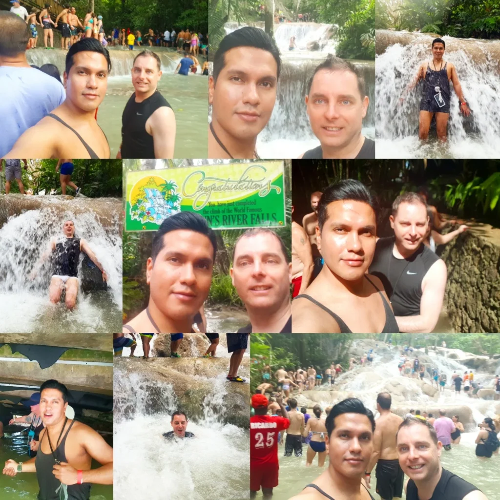 Cruising with Danny and Peter, Holland America Line, Nieuw Amsterdam, Montego Bay, Jamaica | Scenic view of the Montego Bay Adventure with climbers enjoying the refreshing water of the River Falls, surrounded by lush greenery and Jamaican natural wonders, capturing the essence of tropical beauty and outdoor adventure in Montego Bay.