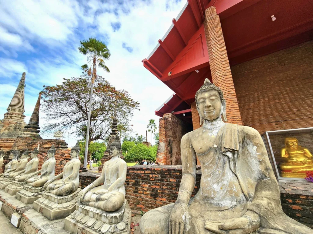 A Majestic Journey: Unveiling the Royal Historical Tour Ayutthaya from the Holland America Cruise 42 Cruising with Danny and Peter, Holland America Line, Westerdam, Laem Chabang, Bangkok, Thailand, Royal Historical Tour Ayutthaya 5 Glorious Stops | Exploring the Royal Historical Tour Ayutthaya and Bang Pa In Ayutthaya with lush gardens at Bang Pa In Palace, the elegant Aisawan Dhipaya Pavilion on a tranquil lake, towering stupa and Buddha statues at Ayutthaya Temples, colorful Traditional Thai Cuisine, and the iconic Buddha head in tree roots at Wat Mahathat Ruins—a UNESCO Heritage Site—all part of an unforgettable Thailand Cultural Tour and Ayutthaya Day Trip from the Holland America Cruise, showcasing Thai Royal History.