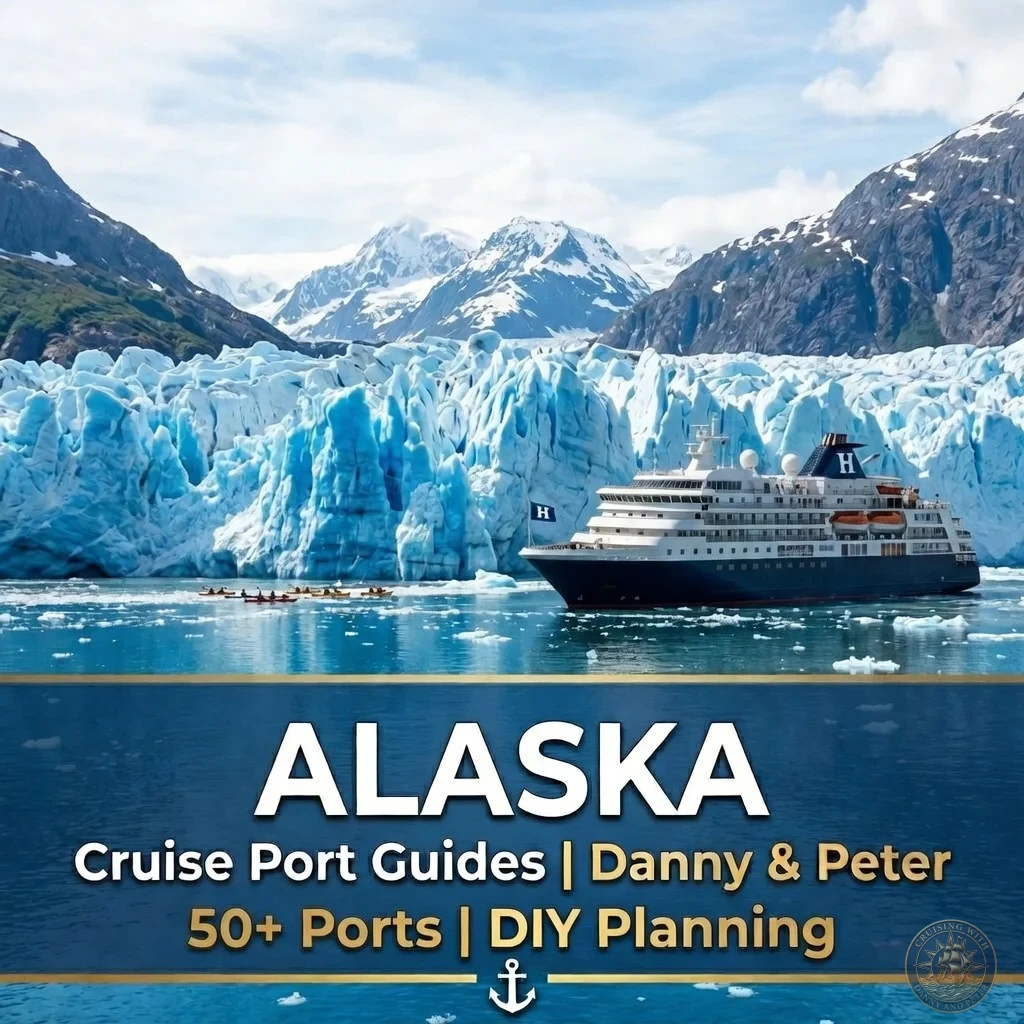 A cruise ship sailing past a massive blue glacier in Alaska, representing Danny and Peter's Alaska cruise port guides featuring 50+ ports and DIY planning.