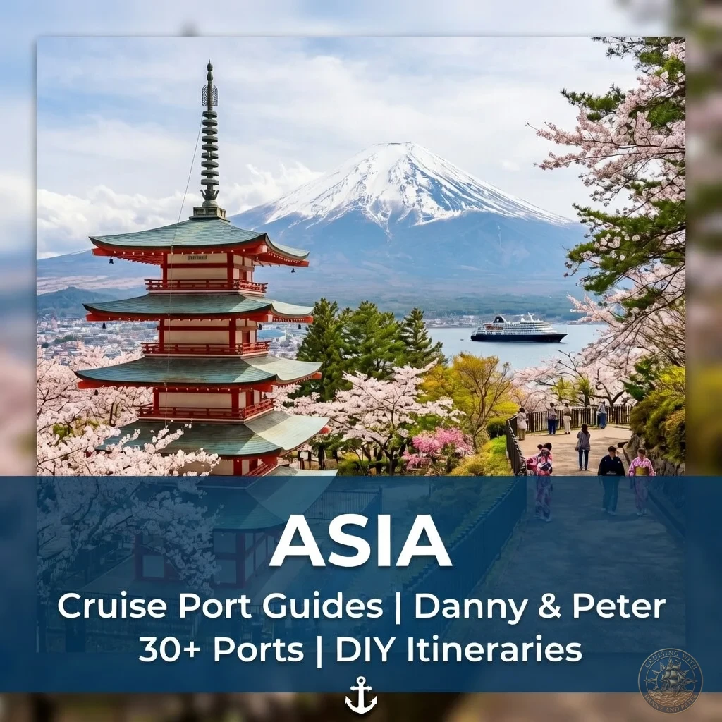 A traditional Japanese pagoda with Mount Fuji in the background and cherry blossoms, representing Danny and Peter's Asia cruise port guides featuring 30+ ports and DIY itineraries.