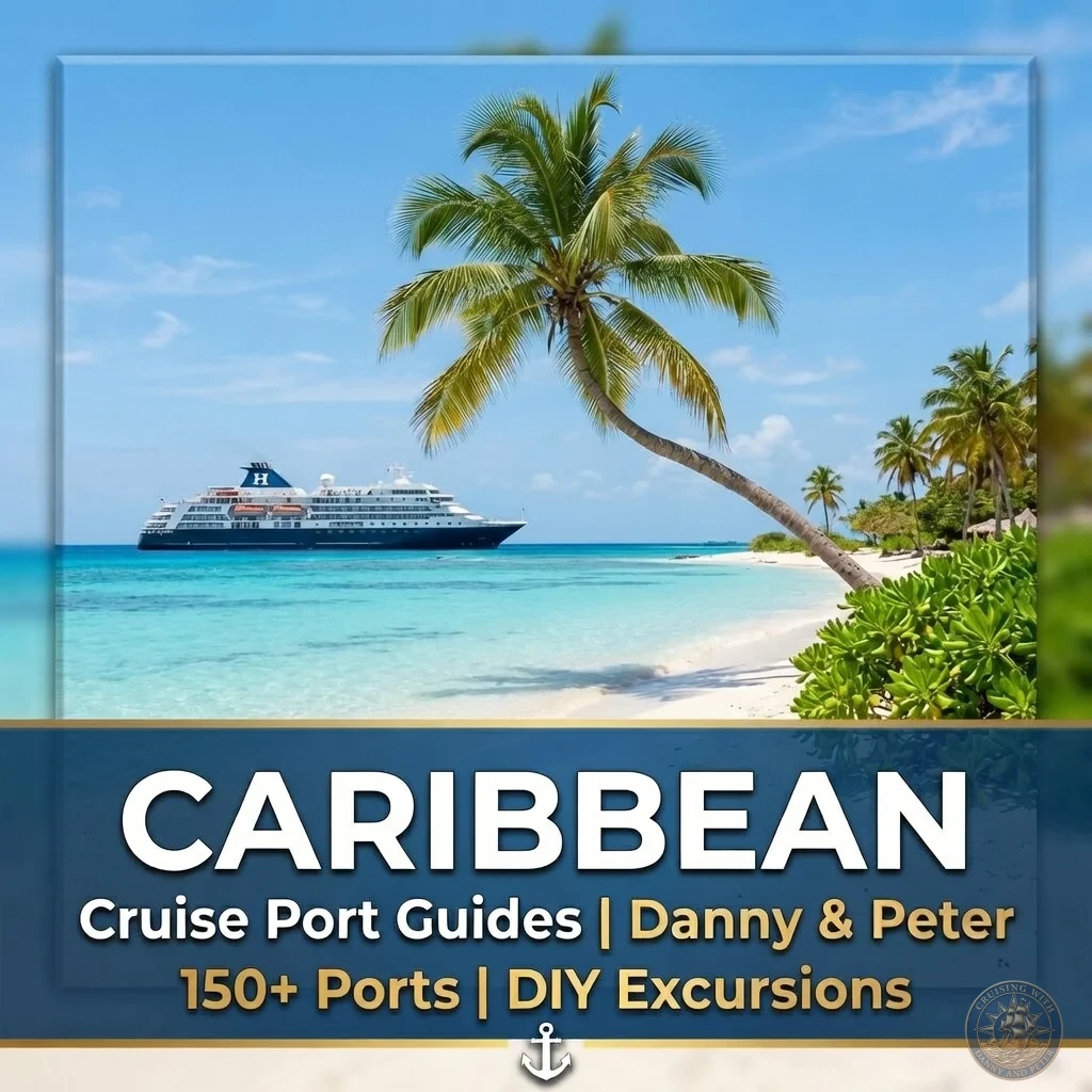 A scenic view of a cruise ship anchored off a white sand beach with a palm tree in the foreground, representing Danny and Peter's Caribbean cruise port guides featuring 150+ ports and DIY excursions.