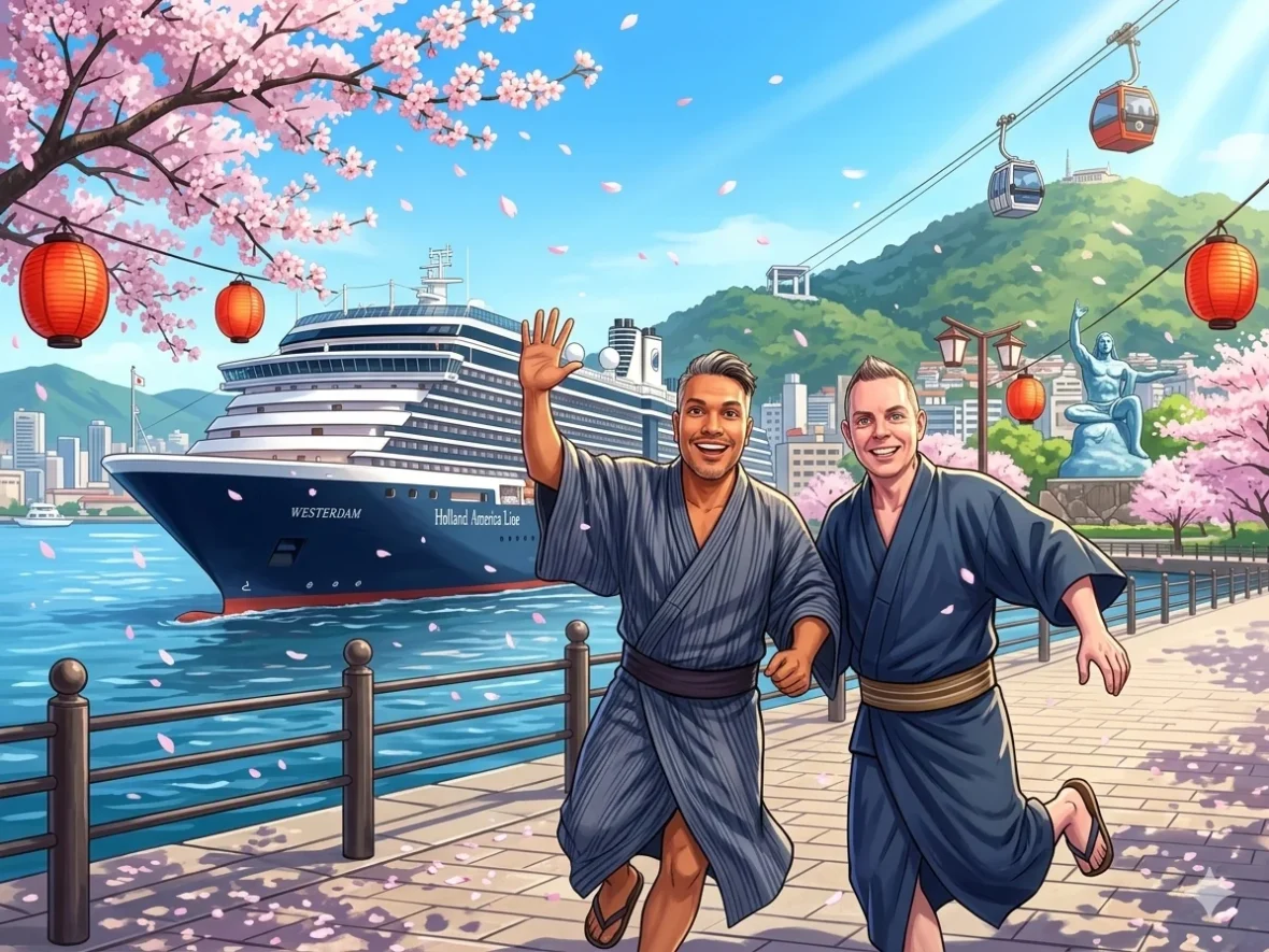 A comprehensive Nagasaki Japan Cruise Port Guide featuring Danny and Peter with views of the Westerdam Nagasaki Docking Location.