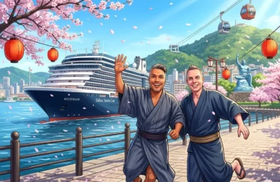 Nagasaki Japan Cruise Port Guide 2026 – Insider Tips & One Day Itinerary 1 A comprehensive Nagasaki Japan Cruise Port Guide featuring Danny and Peter with views of the Westerdam Nagasaki Docking Location.