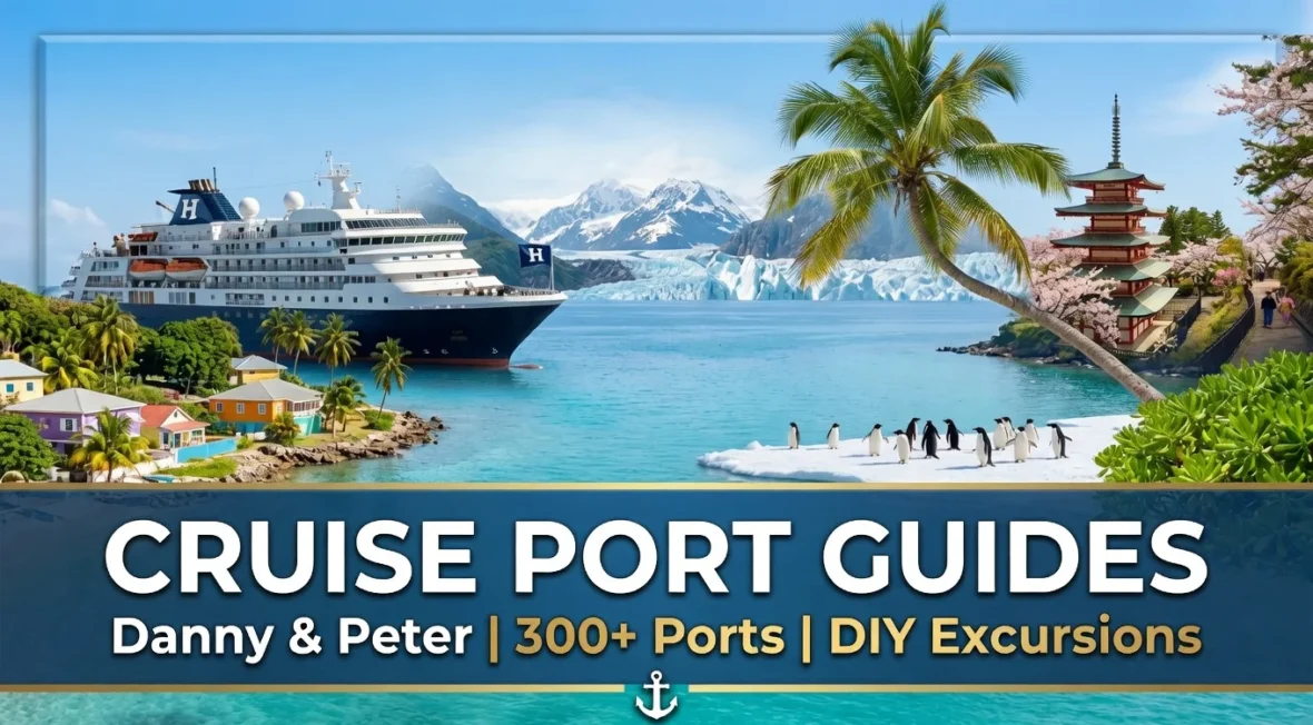 Panoramic collage of Danny and Peter's cruise port guides featuring a cruise ship, Japanese pagoda, Alaskan glacier, penguins, and Caribbean beach.