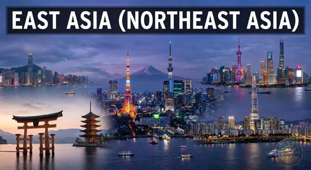 32 Ports personally explored by Danny and Peter. A traditional Japanese pagoda and torii gate with a modern city skyline and Mt. Fuji - East Asia Cruise Port Guides by Danny and Peter.