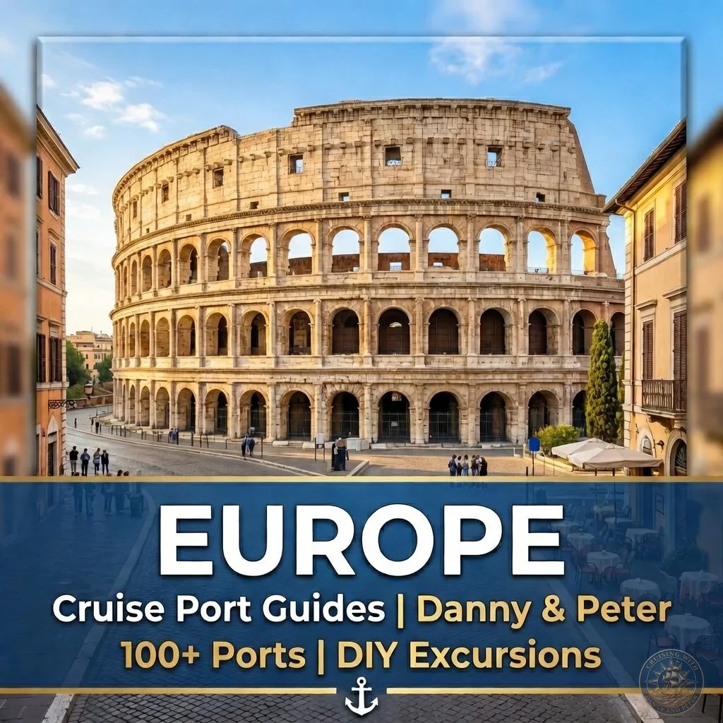 The Colosseum in Rome, Italy, featured as the primary image for Danny and Peter's European cruise port guides, highlighting 100+ ports and DIY excursions.