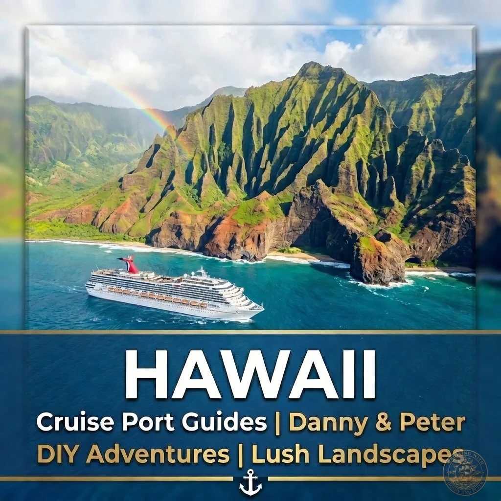 A cruise ship sailing along the lush green cliffs of the Napali Coast in Hawaii, representing Danny and Peter's Hawaii cruise port guides featuring DIY adventures and lush landscapes.