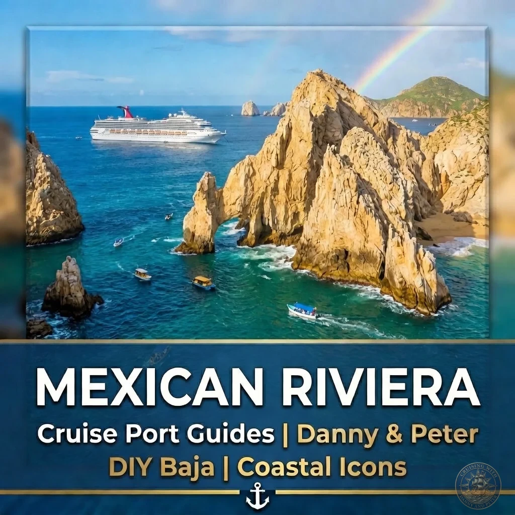 Aerial view of the iconic El Arco rock formation in Cabo San Lucas with a cruise ship in the background, representing Danny and Peter's Mexican Riviera cruise port guides featuring DIY Baja excursions and coastal icons.