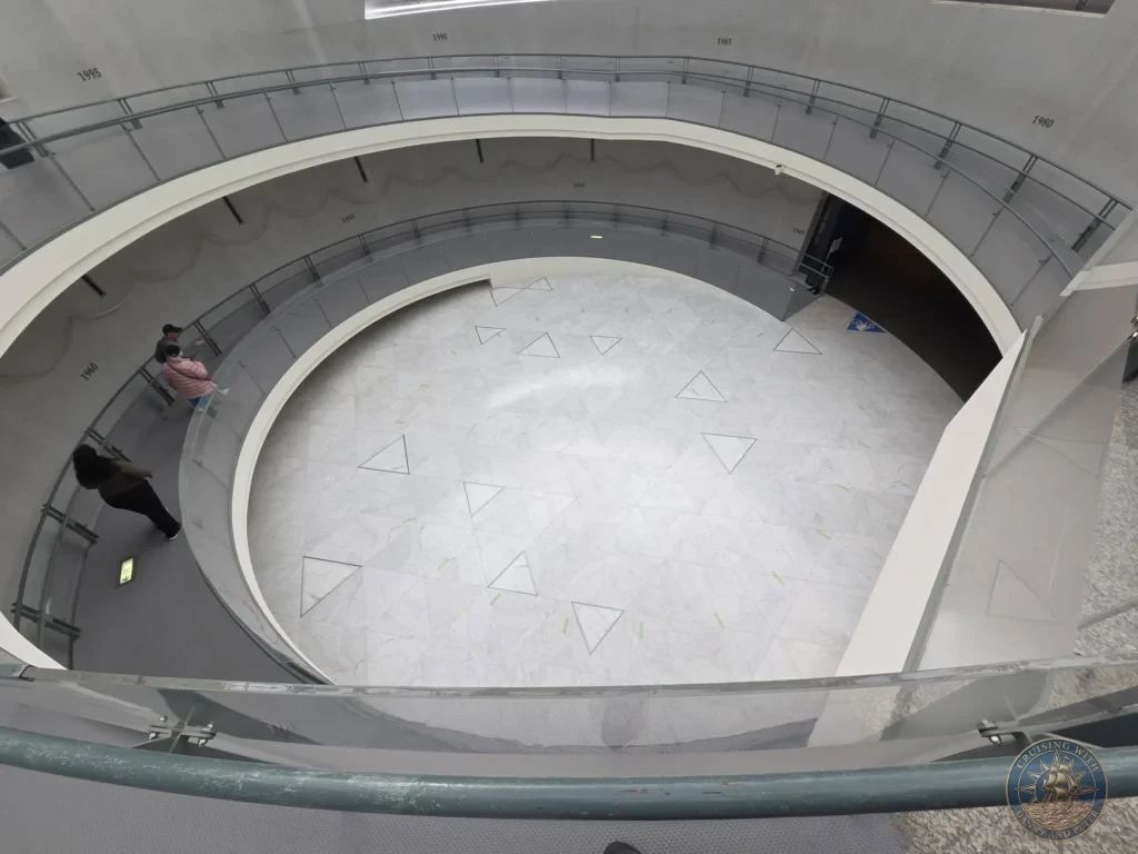 View from above of the large circular rotunda inside the Nagasaki Atomic Bomb Museum. The white marble floor features triangular markers with years, while visitors observe from the upper-level walkway with timeline markings on the walls. Featured in Nagasaki Japan cruise port guide, things to do in Nagasaki from cruise ship, and one day in Nagasaki Japan itinerary from the Westerdam. by Danny and Peter.
