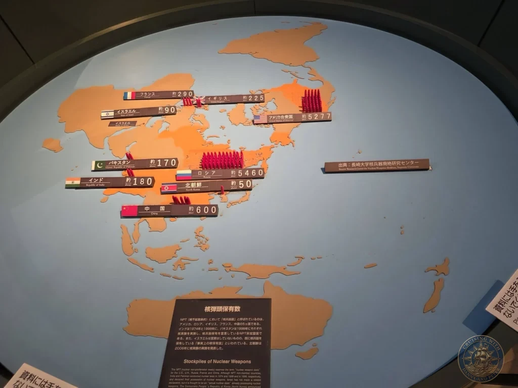 Large circular world map display at the Nagasaki Atomic Bomb Museum showing current nuclear weapons stockpiles by country, with red icons representing warheads. The United States, Russia, and other nations are labeled with approximate numbers. Featured in Nagasaki Japan cruise port guide, things to do in Nagasaki from cruise ship, and one day in Nagasaki Japan itinerary from the Westerdam. by Danny and Peter.