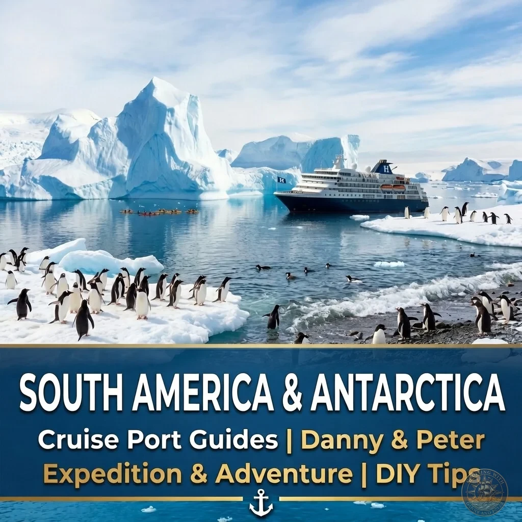 A cruise ship navigating icy waters filled with icebergs and penguins, representing Danny and Peter's South America and Antarctica cruise port guides featuring expedition adventures and DIY tips.