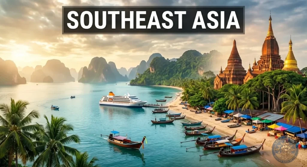28 Ports personally explored by Danny and Peter. A cruise ship anchored in a tropical bay with limestone karsts and a golden Thai-style temple - Southeast Asia DIY Cruise Port Guides by Danny and Peter.