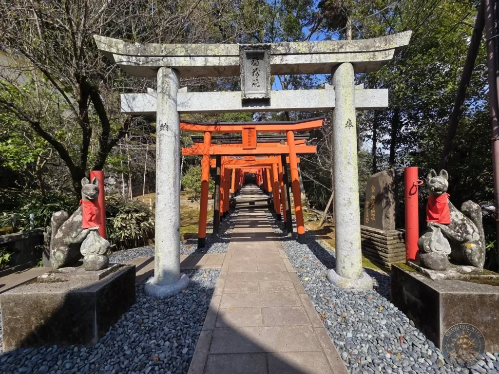 View through a large stone torii gate looking down the long tunnel of vibrant red torii gates at Suwa Shrine in Nagasaki, Japan. The path is lined with gravel and surrounded by trees under a clear blue sky. Featured in Nagasaki Japan cruise port guide, things to do in Nagasaki from cruise ship, and one day in Nagasaki Japan itinerary from the Westerdam. by Danny and Peter.