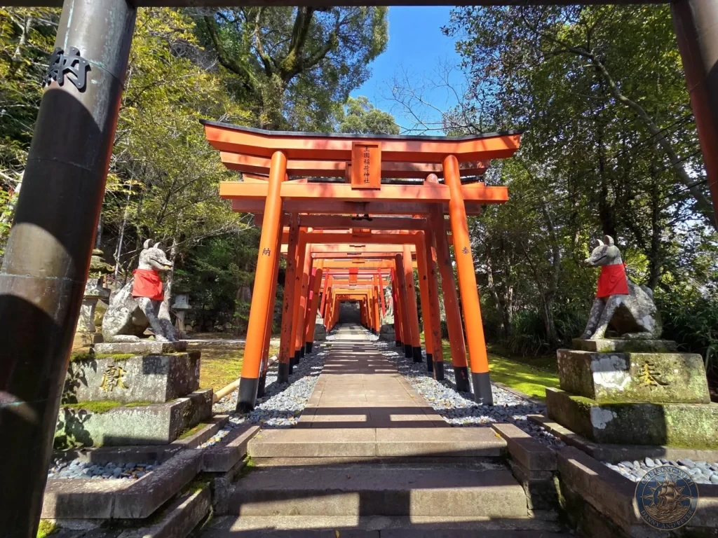 View through a large torii gate looking down the long tunnel of bright red torii gates at Suwa Shrine in Nagasaki, Japan. Stone fox statues flank the entrance on both sides, with trees and a clear blue sky in the background. Featured in Nagasaki Japan cruise port guide, things to do in Nagasaki from cruise ship, and one day in Nagasaki Japan itinerary from the Westerdam. by Danny and Peter.