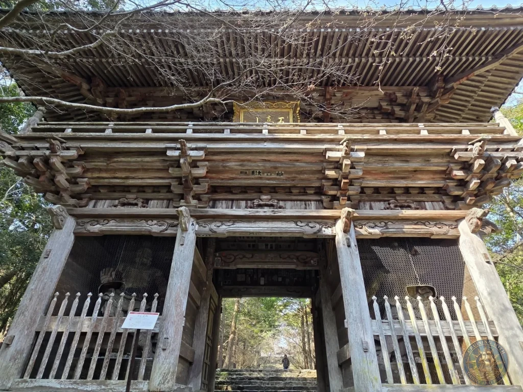 Detailed traditional wooden gate with intricate carvings and statues at Chikurin Temple in Kochi, Japan. Historic temple architecture nestled in a forested mountain setting. Kochi Cruise Port Guide | Things to do in Kochi from cruise ship | One day in Kochi Japan itinerary by Danny and Peter.