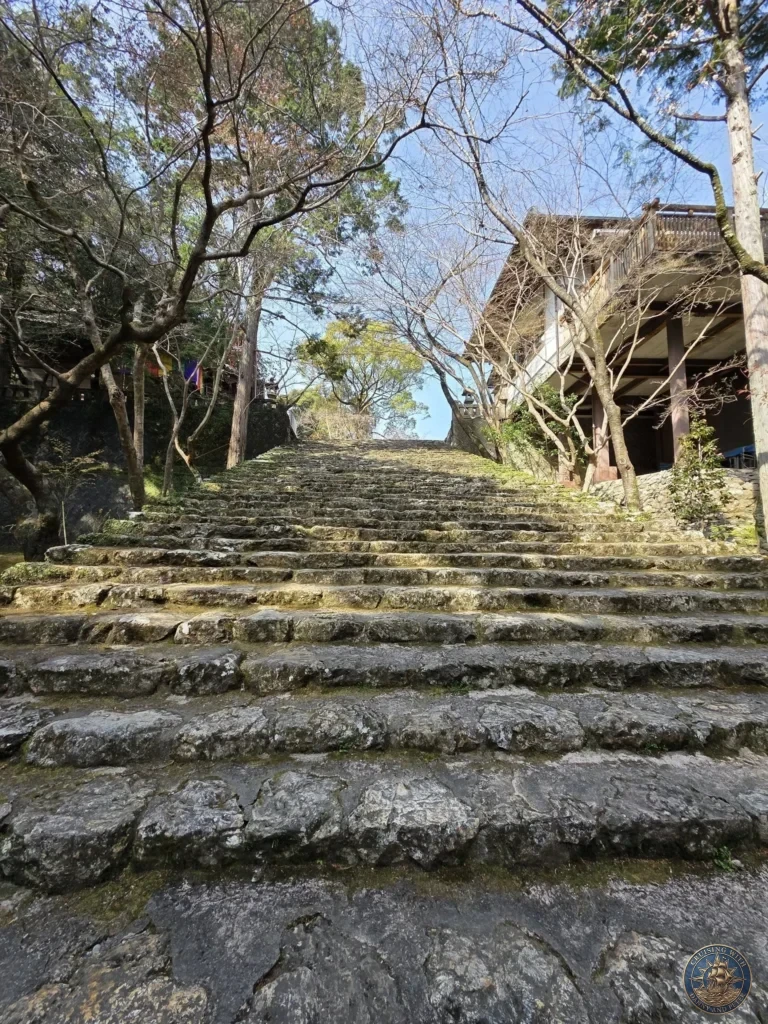 Long, wide stone staircase ascending through the forest at Chikurin Temple in Kochi, Japan. Scenic tree-lined path with traditional temple buildings visible above. Kochi Cruise Port Guide | Things to do in Kochi from cruise ship | One day in Kochi Japan itinerary by Danny and Peter.