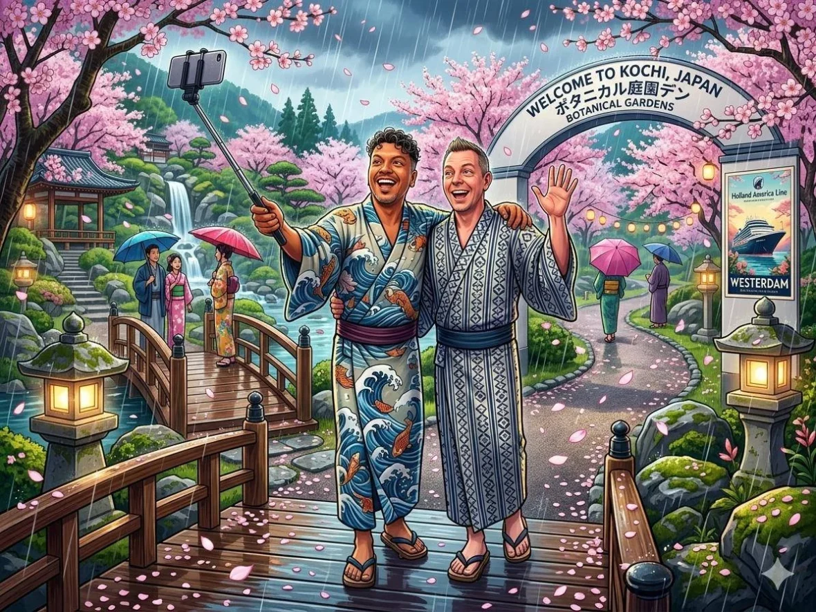 A comprehensive Kochi Japan Cruise Port Guide featuring Danny and Peter walking in the Makino Botanical Garden.