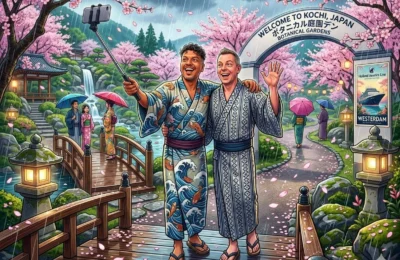A comprehensive Kochi Japan Cruise Port Guide featuring Danny and Peter walking in the Makino Botanical Garden.