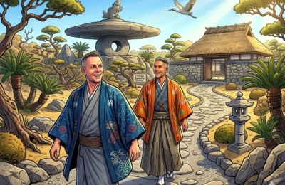 A comprehensive Kagoshima Japan Cruise Port Guide featuring Danny and Peter walking in the Chiran Samurai District & Gardens.