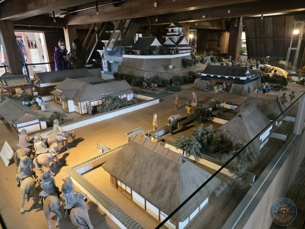 Large detailed diorama of a historic Japanese castle town at the Kochi Museum of History in Kochi, Japan. Educational exhibit with miniature buildings and figures. Kochi Cruise Port Guide | Things to do in Kochi from cruise ship | One day in Kochi Japan itinerary by Danny and Peter.