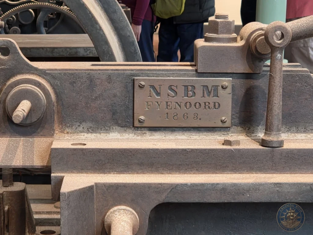 Close-up detail of the 1863 NSBM Fyenoord industrial machine plaque at the Shoko Shuseikan UNESCO World Cultural Heritage Museum in Sengan-en, Kagoshima, Japan. Historic exhibit showcasing early Western technology imported for Japan’s modernization. Kagoshima Cruise Port Guide | Things to do in Kagoshima from cruise ship | One day in Kagoshima Japan itinerary by Danny and Peter.