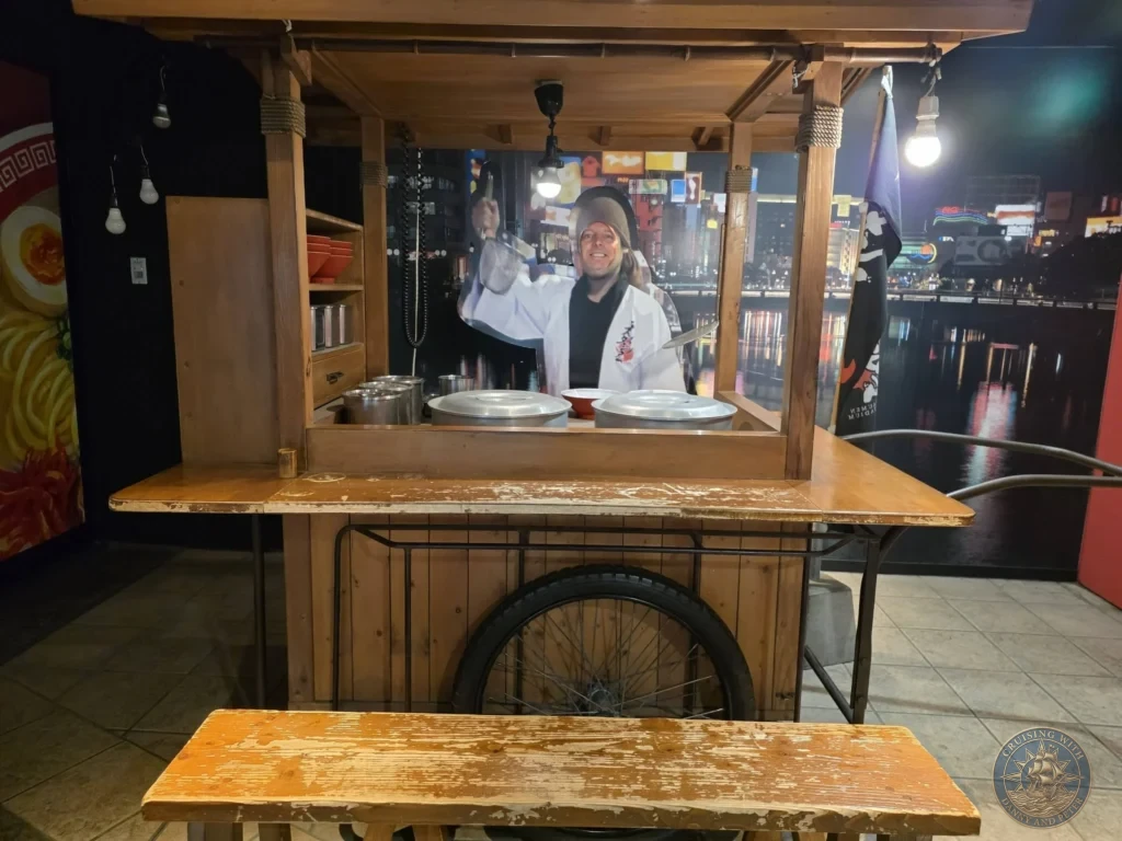 Wooden ramen cart display inside Canal City Hakata in Fukuoka, Japan. Food-themed attraction. Fukuoka Cruise Port Guide | Things to do in Fukuoka from cruise ship | One day in Fukuoka Japan itinerary by Danny and Peter.