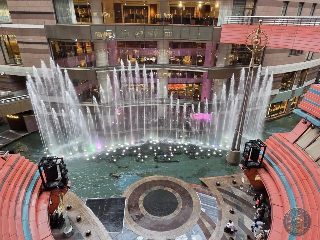 Impressive water fountain show at Canal City Hakata in Fukuoka, Japan. Evening attraction. Fukuoka Cruise Port Guide | Things to do in Fukuoka from cruise ship | One day in Fukuoka Japan itinerary by Danny and Peter.
