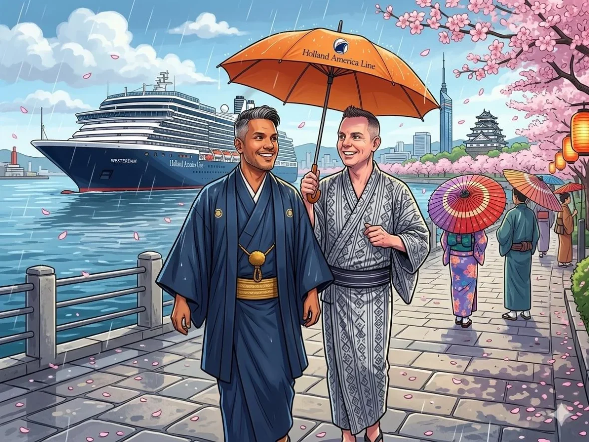 A comprehensive Fukuoka Japan Cruise Port Guide featuring Danny and Peter walking iwith the Westerdam and Fukuoka Observationn Tower in the background.