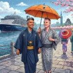 A comprehensive Fukuoka Japan Cruise Port Guide featuring Danny and Peter walking iwith the Westerdam and Fukuoka Observationn Tower in the background.