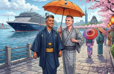 Fukuoka Japan Cruise Port Guide 2026 – Insider Tips & One Day Itinerary 1 A comprehensive Fukuoka Japan Cruise Port Guide featuring Danny and Peter walking iwith the Westerdam and Fukuoka Observationn Tower in the background.