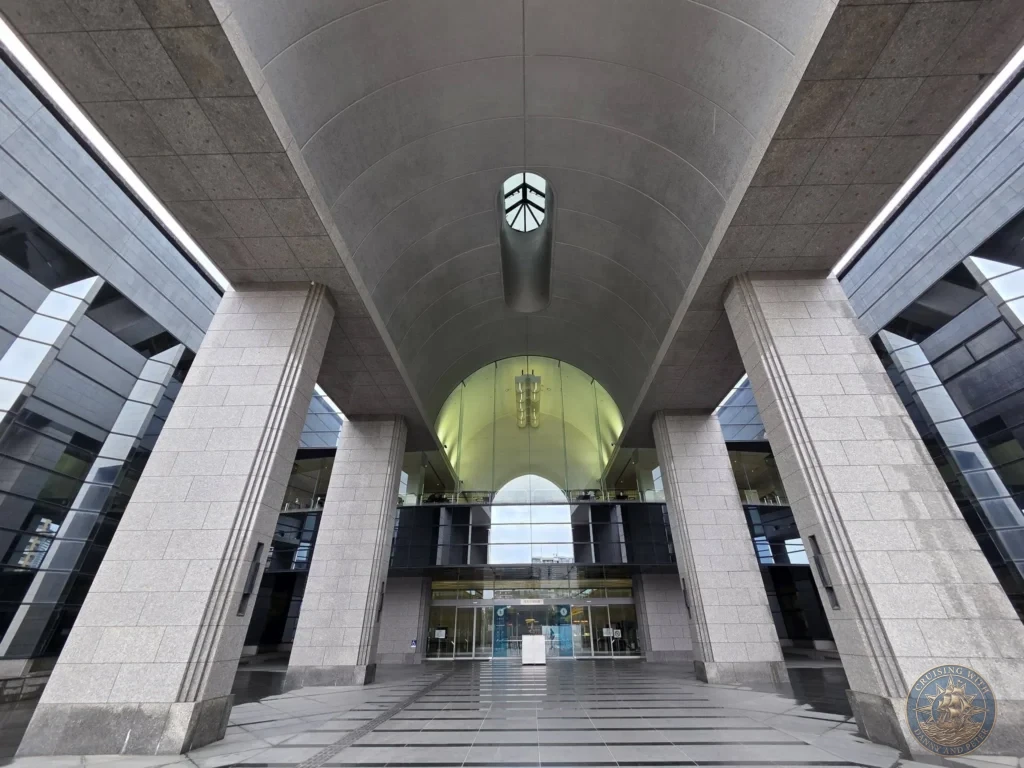 Impressive modern entrance to Fukuoka City Museum, Japan. Cultural landmark. Fukuoka Cruise Port Guide | Things to do in Fukuoka from cruise ship | One day in Fukuoka Japan itinerary by Danny and Peter.