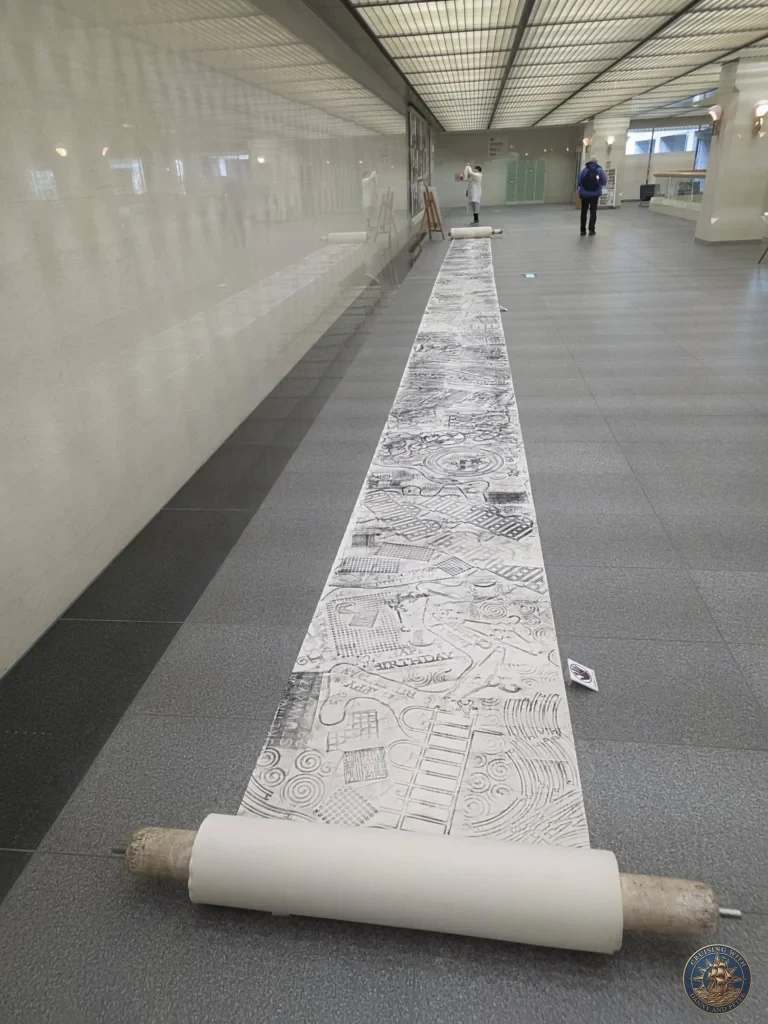 Extremely long artistic scroll unrolled across the gallery floor at Fukuoka City Museum, Japan. Unique exhibit. Fukuoka Cruise Port Guide | Things to do in Fukuoka from cruise ship | One day in Fukuoka Japan itinerary by Danny and Peter.
