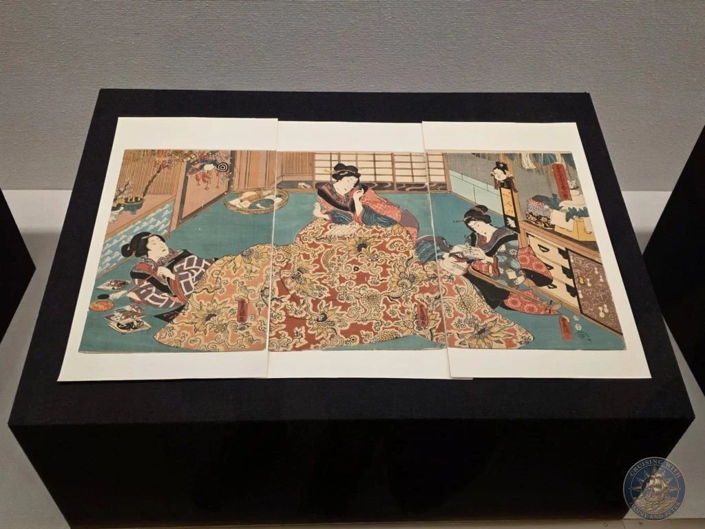 Detailed ukiyo-e woodblock print of women in a traditional Japanese room at Fukuoka City Museum, Japan. Classic artwork. Fukuoka Cruise Port Guide | Things to do in Fukuoka from cruise ship | One day in Fukuoka Japan itinerary by Danny and Peter.