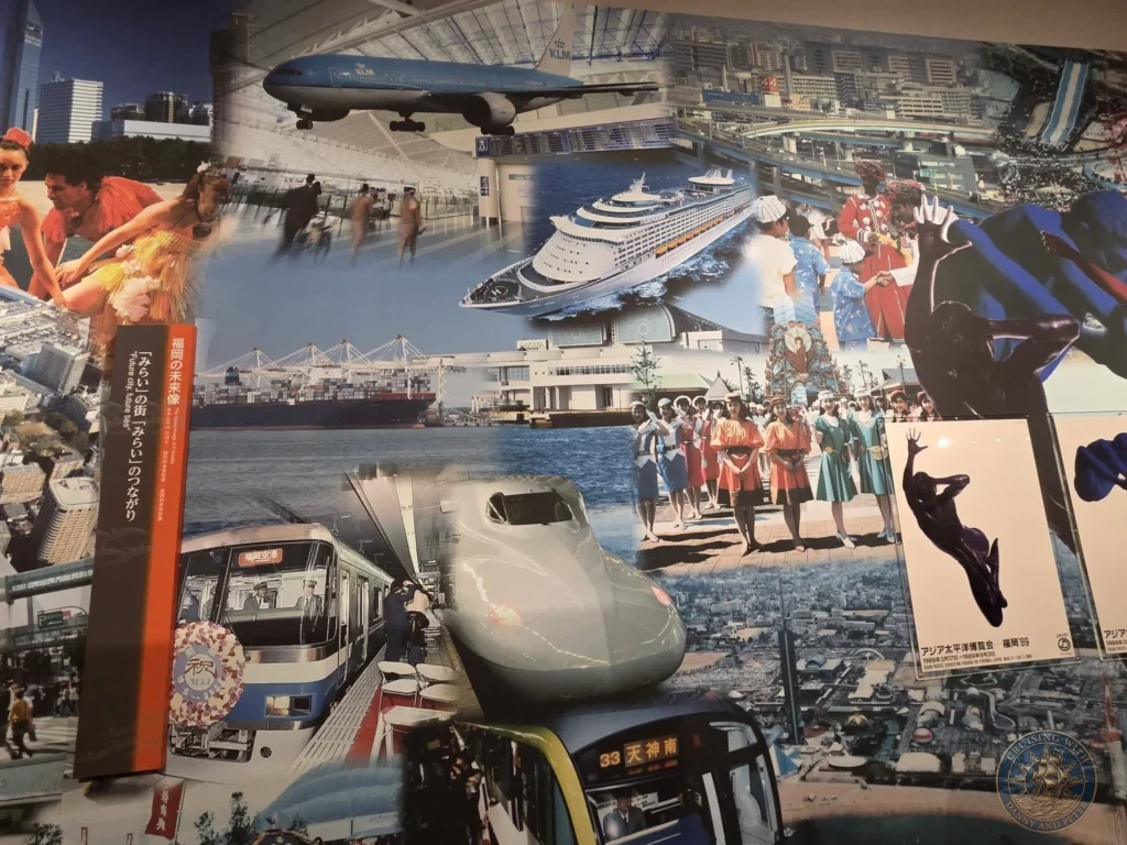 Large vibrant mural collage featuring airplanes, cruise ships, trains and city scenes at Fukuoka City Museum, Japan. Fukuoka Cruise Port Guide | Things to do in Fukuoka from cruise ship | One day in Fukuoka Japan itinerary by Danny and Peter.