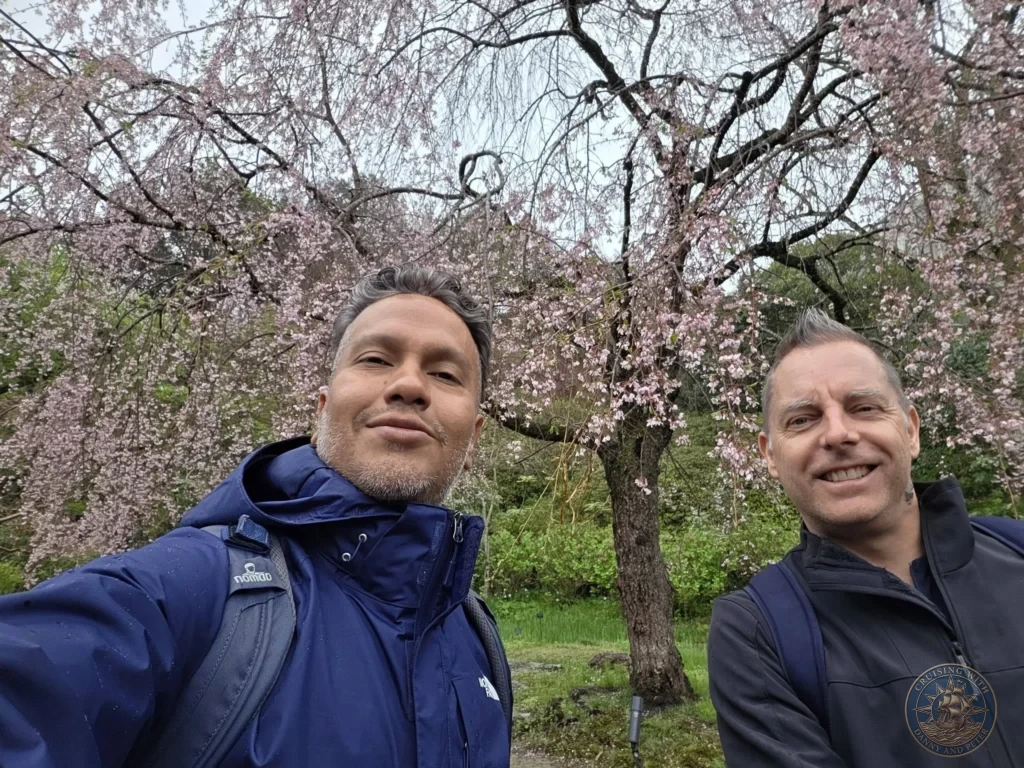 Danny and Peter taking a selfie beneath blooming cherry blossom trees at Makino Botanical Garden in Kochi, Japan. Scenic spring garden. Kochi Cruise Port Guide | Things to do in Kochi from cruise ship | One day in Kochi Japan itinerary by Danny and Peter.