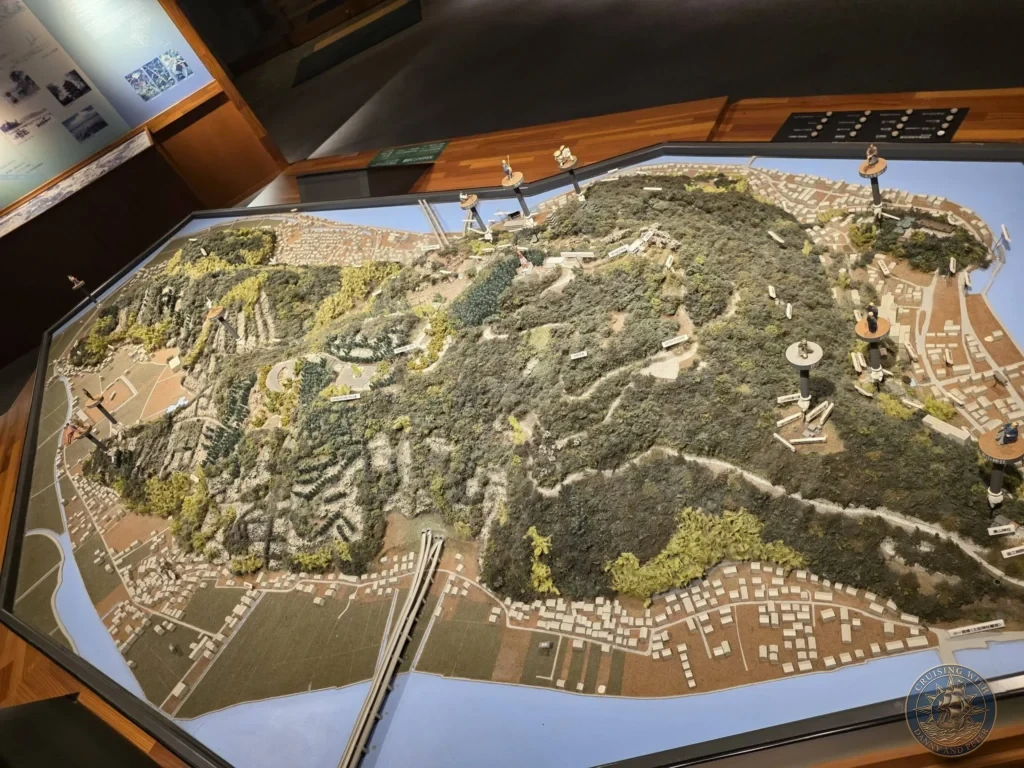 Large detailed topographic model of Makino Botanical Garden displayed at the visitor center in Kochi, Japan. Educational exhibit of the garden layout. Kochi Cruise Port Guide | Things to do in Kochi from cruise ship | One day in Kochi Japan itinerary by Danny and Peter.