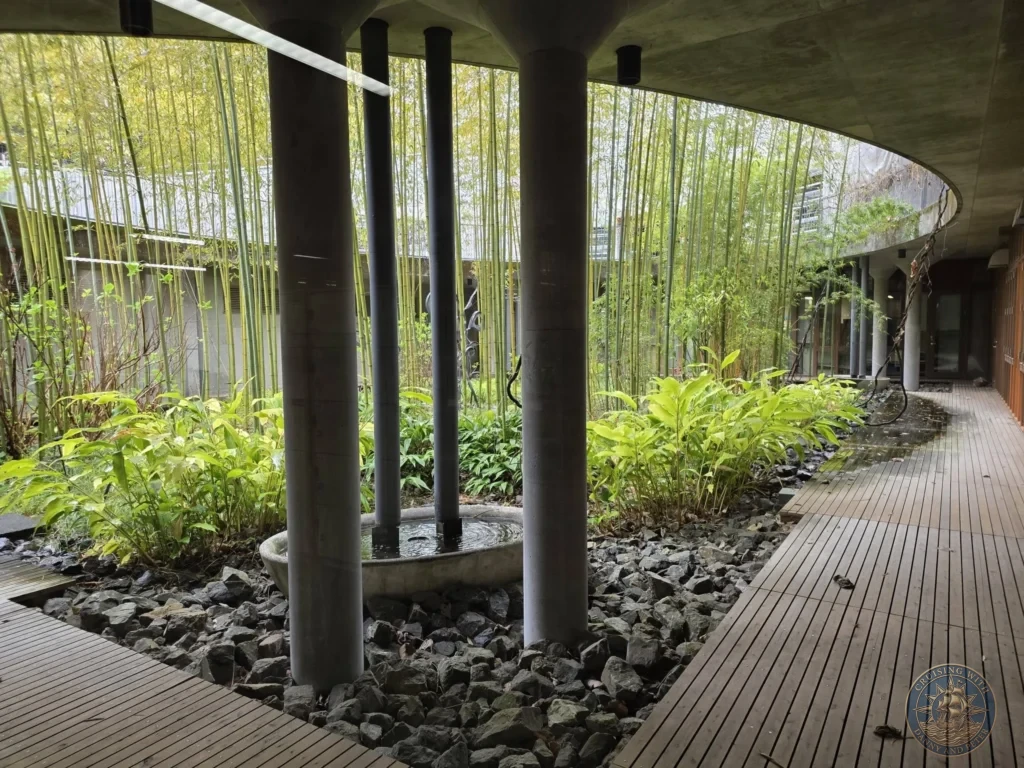 Contemporary concrete and wood pavilion with bamboo garden views at Makino Botanical Garden in Kochi, Japan. Modern architecture in lush setting. Kochi Cruise Port Guide | Things to do in Kochi from cruise ship | One day in Kochi Japan itinerary by Danny and Peter.