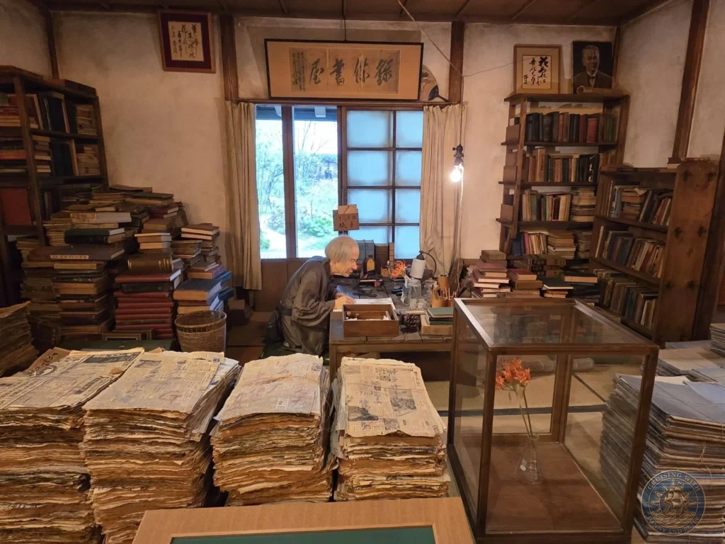 Faithful recreation of Tomitaro Makino’s study room filled with books and papers at Makino Botanical Garden in Kochi, Japan. Historical exhibit. Kochi Cruise Port Guide | Things to do in Kochi from cruise ship | One day in Kochi Japan itinerary by Danny and Peter.