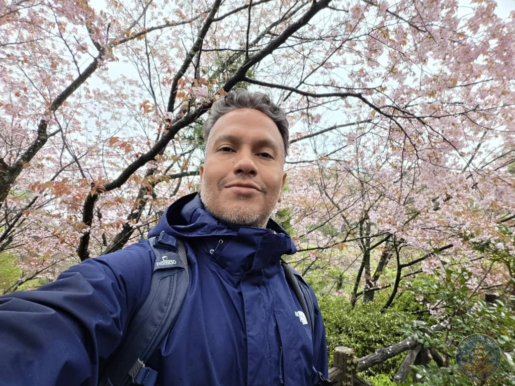 Danny taking a selfie with pink cherry blossom trees at Makino Botanical Garden in Kochi, Japan. Spring sakura scene. Kochi Cruise Port Guide | Things to do in Kochi from cruise ship | One day in Kochi Japan itinerary by Danny and Peter.