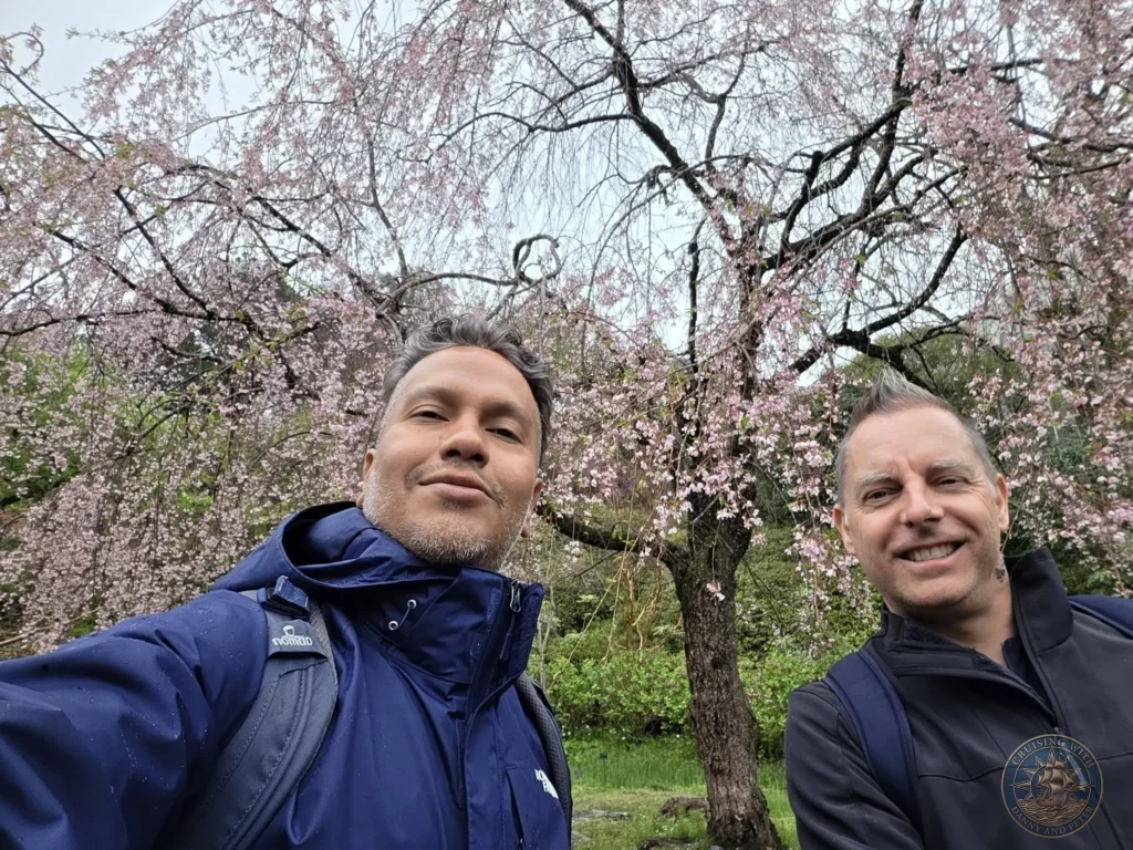 Danny and Peter taking a selfie under blooming pink cherry blossom trees at Makino Botanical Garden in Kochi, Japan. Spring sakura scene. Kochi Cruise Port Guide | Things to do in Kochi from cruise ship | One day in Kochi Japan itinerary by Danny and Peter.