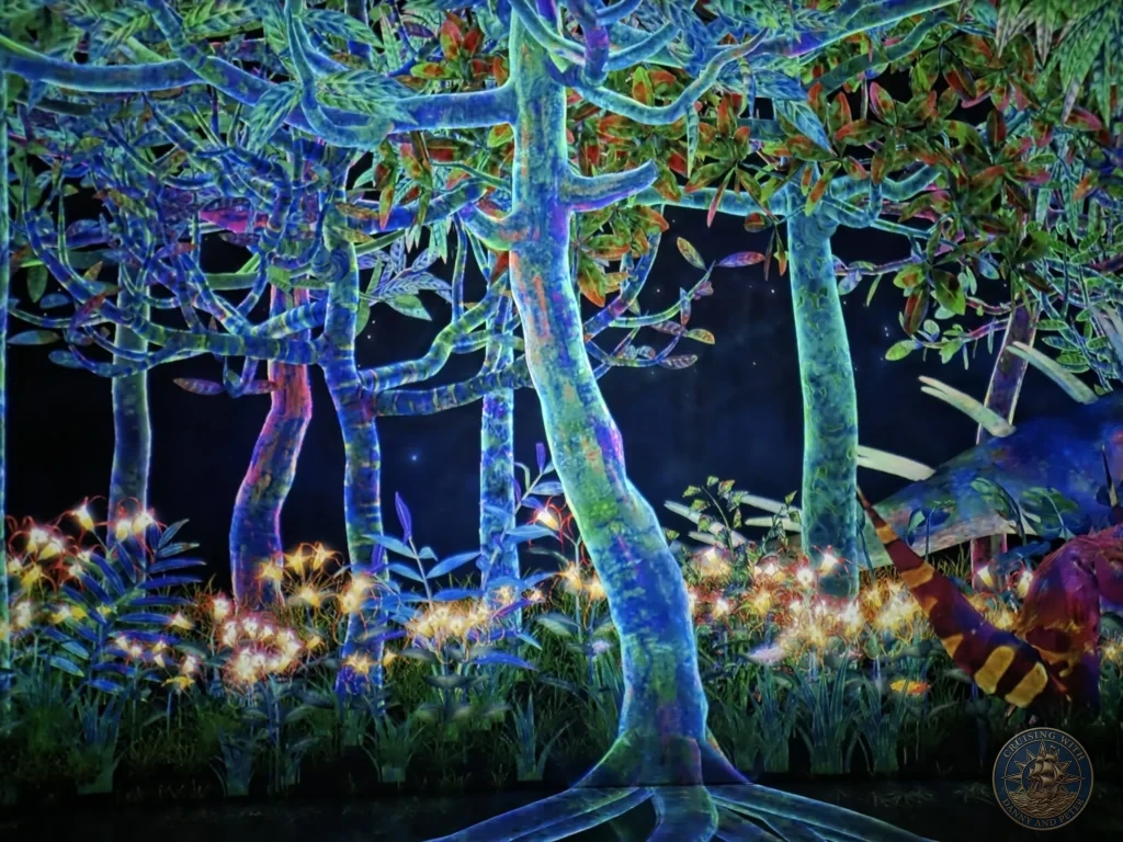 Immersive glowing digital forest with colorful trees and flowers at teamLab Forest Fukuoka, Japan. teamLab art experience. Fukuoka Cruise Port Guide | Things to do in Fukuoka from cruise ship | One day in Fukuoka Japan itinerary by Danny and Peter.