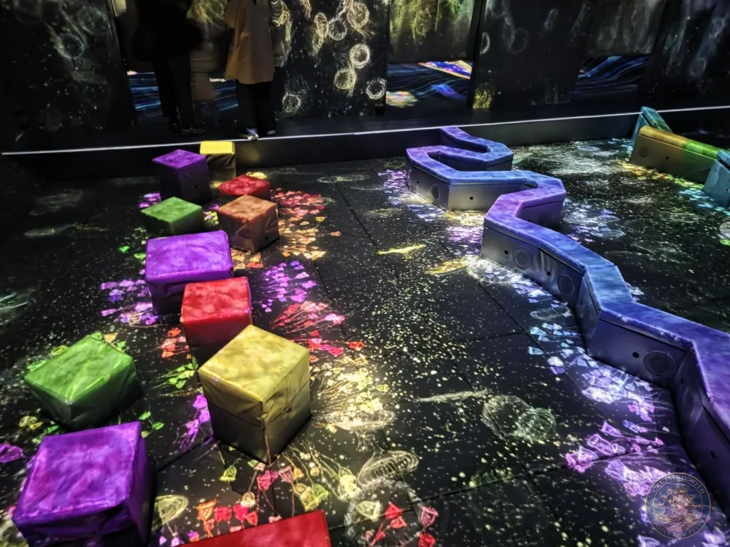 Colorful interactive cubes on dynamic glowing floor projections at teamLab Forest Fukuoka, Japan. Immersive art installation. Fukuoka Cruise Port Guide | Things to do in Fukuoka from cruise ship | One day in Fukuoka Japan itinerary by Danny and Peter.