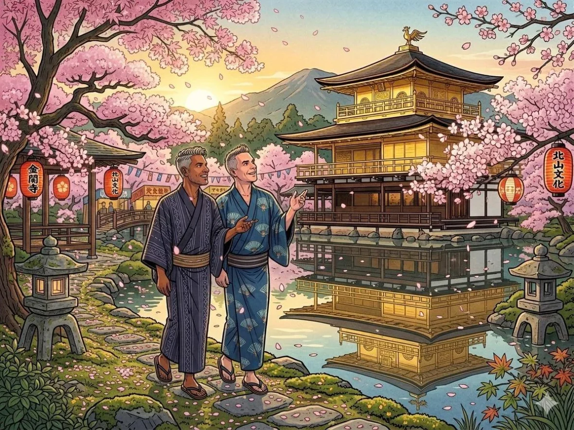 Kobe Japan Cruise Port Guide 2026 – Insider Tips & One Day Itinerary 1 A comprehensive Kobe Japan Cruise Port Guide featuring Danny and Peter in traditional kimonos standing by the Golden Pavilion amid cherry blossoms and lanterns, Kyoto Japan.