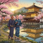A comprehensive Kobe Japan Cruise Port Guide featuring Danny and Peter in traditional kimonos standing by the Golden Pavilion amid cherry blossoms and lanterns, Kyoto Japan.