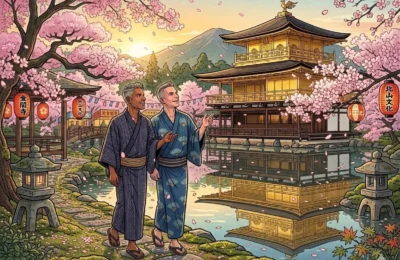 A comprehensive Kobe Japan Cruise Port Guide featuring Danny and Peter in traditional kimonos standing by the Golden Pavilion amid cherry blossoms and lanterns, Kyoto Japan.