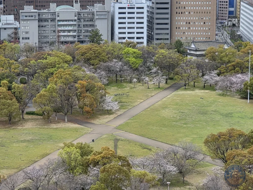 Kobe Japan Cruise Port Guide 2026 – Insider Tips & One Day Itinerary 107 Elevated view from Osaka Castle overlooking the park grounds with pathways, trees, cherry blossoms and modern city buildings in Osaka, Japan. Scenic outlook from Kobe port day. Kobe Japan Cruise Port Guide | DIY Kobe Cruise Port to City Center | Things to do in Kobe from cruise ship | Westerdam Kobe Docking Location | One day in Kobe Japan itinerary by Danny and Peter.
