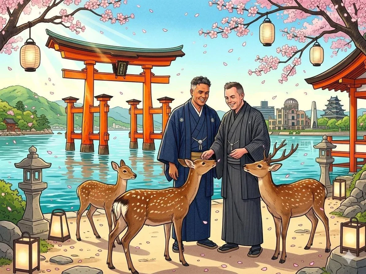 Hiroshima Japan Cruise Port Guide 2026 – Insider Tips & One Day Itinerary 1 Illustrated featured banner depicting Danny and Peter in traditional Japanese kimono interacting with Sika deer on Miyajima Island with Itsukushima Shrine's Great Torii Gate, cherry blossoms, and Hiroshima landmarks in the background. Hiroshima Japan Cruise Port Guide, DIY Hiroshima Cruise Port to City Center, Things to do in Hiroshima from cruise ship, Westerdam Hiroshima Docking Location, One day in Hiroshima Japan itinerary by Danny and Peter.