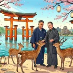 Illustrated featured banner depicting Danny and Peter in traditional Japanese kimono interacting with Sika deer on Miyajima Island with Itsukushima Shrine's Great Torii Gate, cherry blossoms, and Hiroshima landmarks in the background. Hiroshima Japan Cruise Port Guide, DIY Hiroshima Cruise Port to City Center, Things to do in Hiroshima from cruise ship, Westerdam Hiroshima Docking Location, One day in Hiroshima Japan itinerary by Danny and Peter.