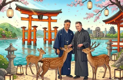 Illustrated featured banner depicting Danny and Peter in traditional Japanese kimono interacting with Sika deer on Miyajima Island with Itsukushima Shrine's Great Torii Gate, cherry blossoms, and Hiroshima landmarks in the background. Hiroshima Japan Cruise Port Guide, DIY Hiroshima Cruise Port to City Center, Things to do in Hiroshima from cruise ship, Westerdam Hiroshima Docking Location, One day in Hiroshima Japan itinerary by Danny and Peter.
